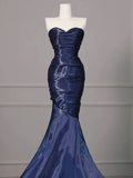 Mermaid Sweetheart Neck Water Satin Dark Blue Long Prom Dress