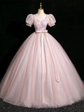 A-Line Puff Sleeves Pink Tulle Sequin Pink Long Prom Dress, Pink Long Evening Dress