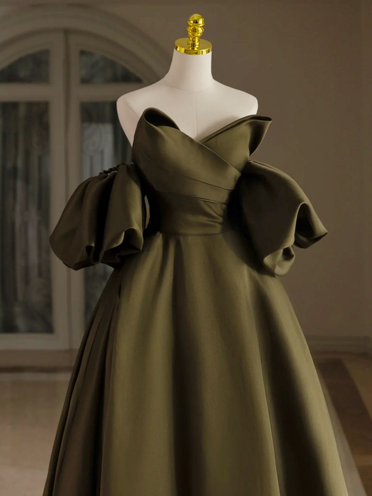 A-Line Puff Sleeves Olive Green Satin Long Prom Dress, Olive Green Lon