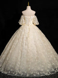 A-Line Puff sleeves Tulle Lace Champagne Long Prom Dress, Champagne Evening Dress