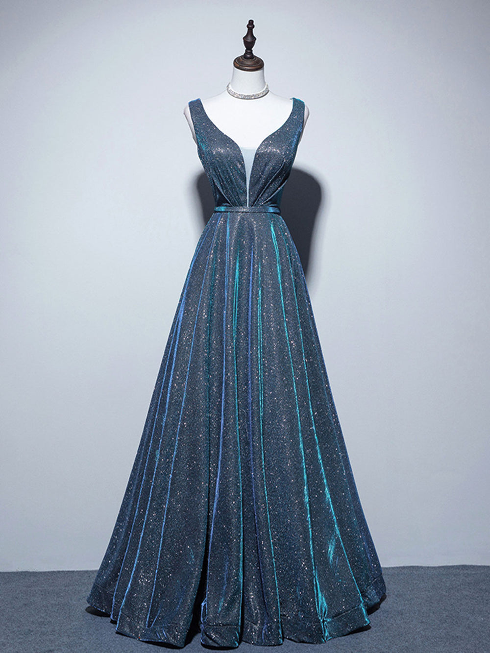 A-Line V Neck Satin Blue Long Prom Dress, Blue Formal Dresses