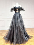 Black A-Line Organza Long Prom Dress, Black Formal Evening Dress
