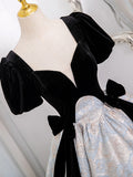 A-Line Short sleeve Satin Velvet Long Prom Dress, Black Long Formal Dress