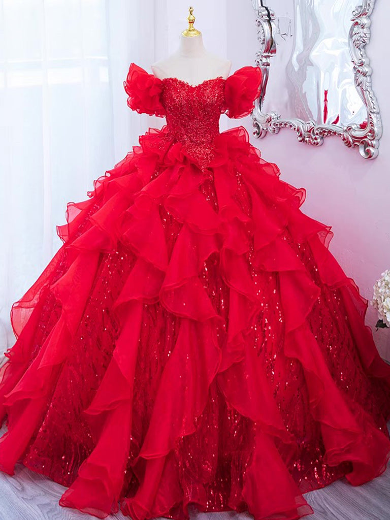 Red Sweetheart Neck Sequin Organza Long Prom Gown, Red Long Evening Dress