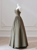 A-Line V Neck Satin Olive Green Long Prom Dress, Long Evening Dress