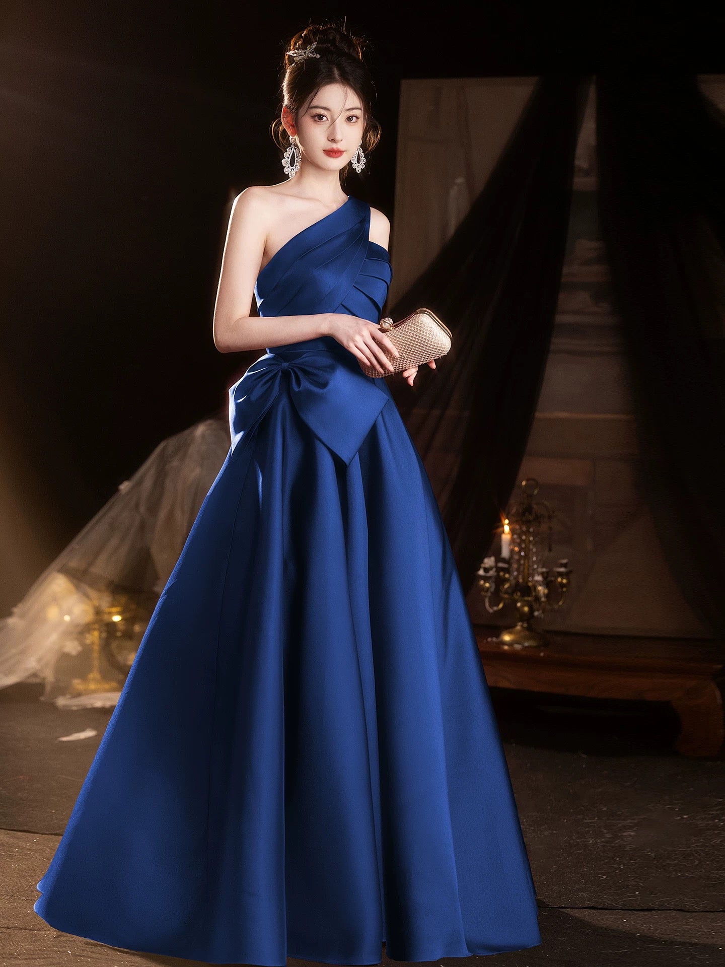 A-Line One Shoulder Satin Blue Long Prom Dress, Blue Long Formal Dress