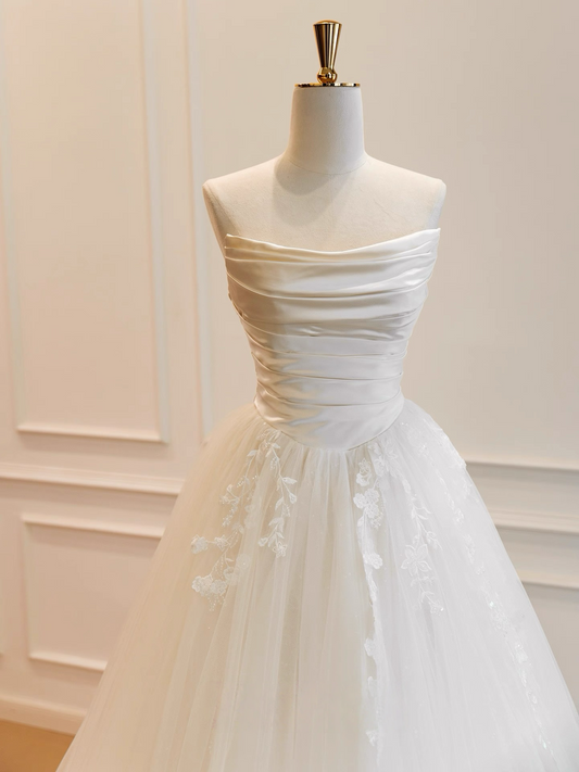 A-Line White Tulle Lace Long Prom Dress, White Long Formal Dress