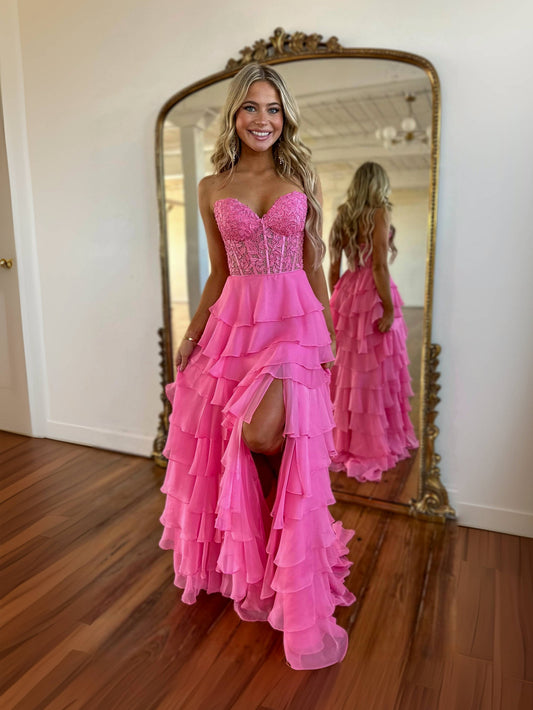 A-Line Sweetheart Neck Lace Chiffon Pink Long Prom Dress, Pink Lace Long Formal Dress