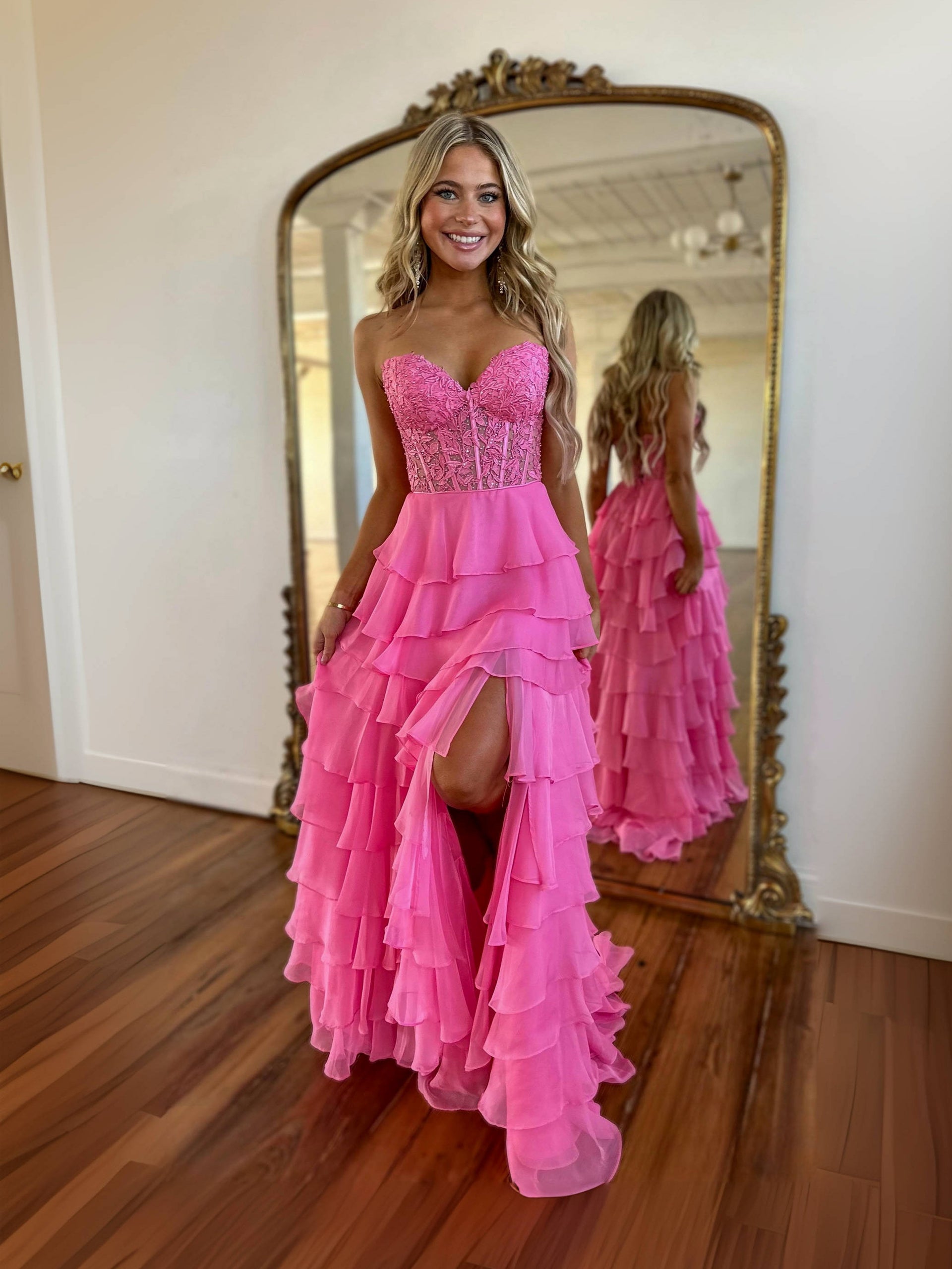 A-Line Sweetheart Neck Lace Chiffon Pink Long Prom Dress, Pink Lace Lo – dresstby