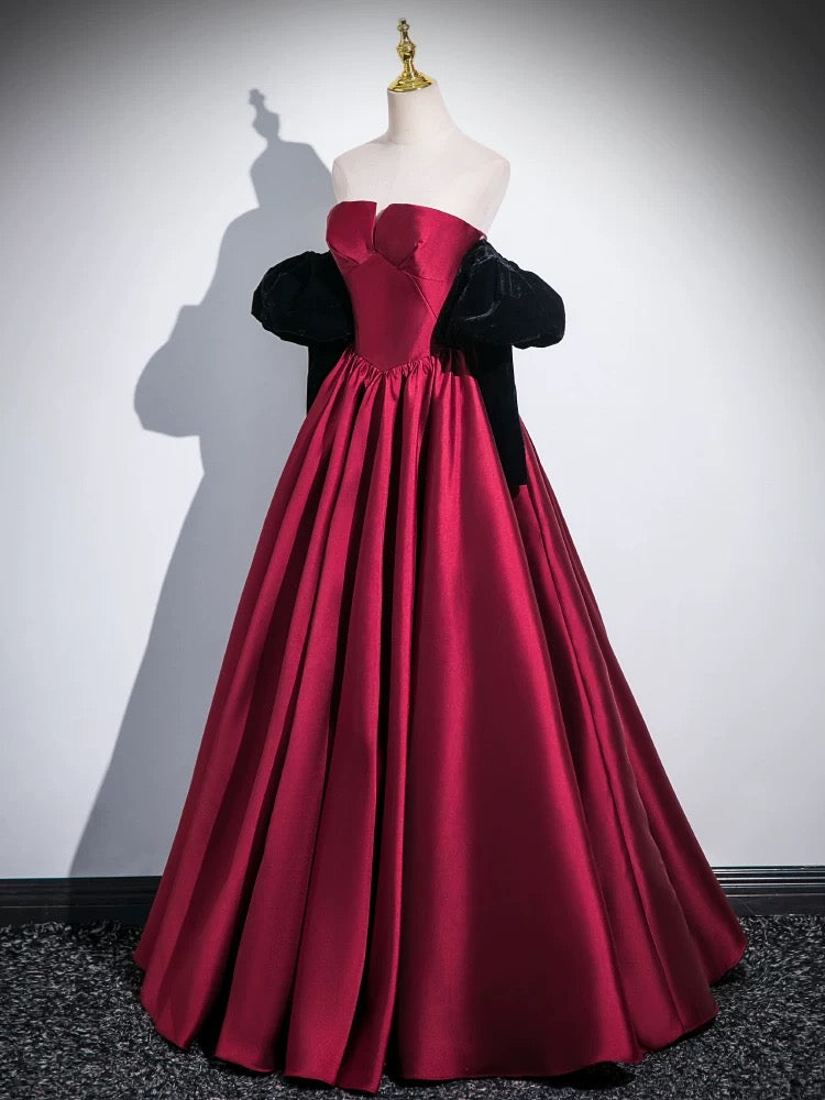 A-Line Satin Dark Red Long Prom Dress, Dark Red Long Evening Dress