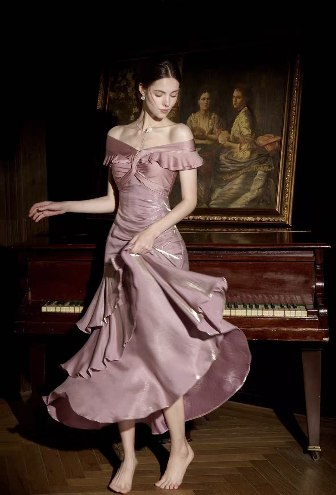 Simple Mermaid Off Shoulder Silk Pink Long Prom Dress