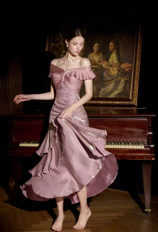 Simple Mermaid Off Shoulder Silk Pink Long Prom Dress