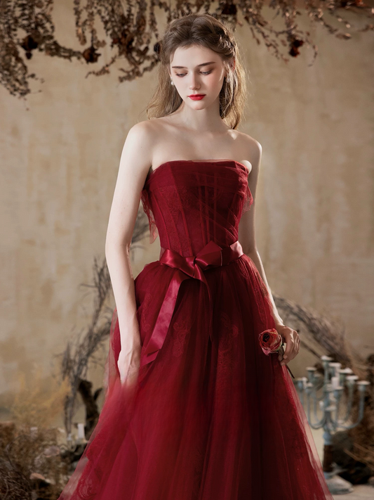 A-Line Tulle Lace Burgundy Long Prom Dress, Burgundy Long Formal Dress