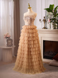 A-Line Tulle Lace Champagne Long Prom Dress With Beads