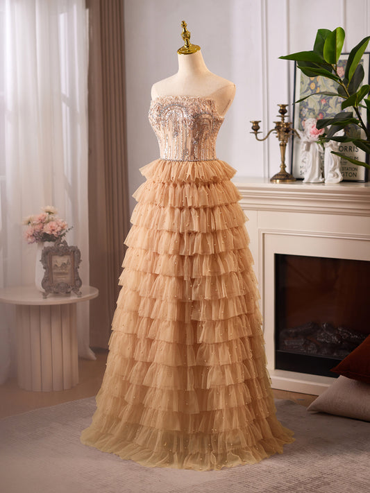 A-Line Tulle Lace Champagne Long Prom Dress With Beads