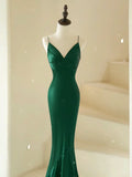 Mermaid V Neck Satin Green Long Prom Dress, Green Satin Long Formal Dress