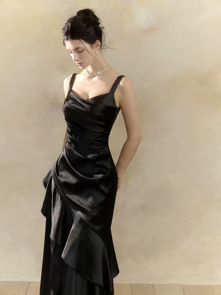 Simple V Neck Mermaid Satin Tea Length Black Prom Dress