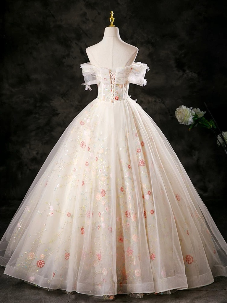 A-Line Tulle Lace Sequin Champagne Long Prom Dress, Champagne Long Formal Dress