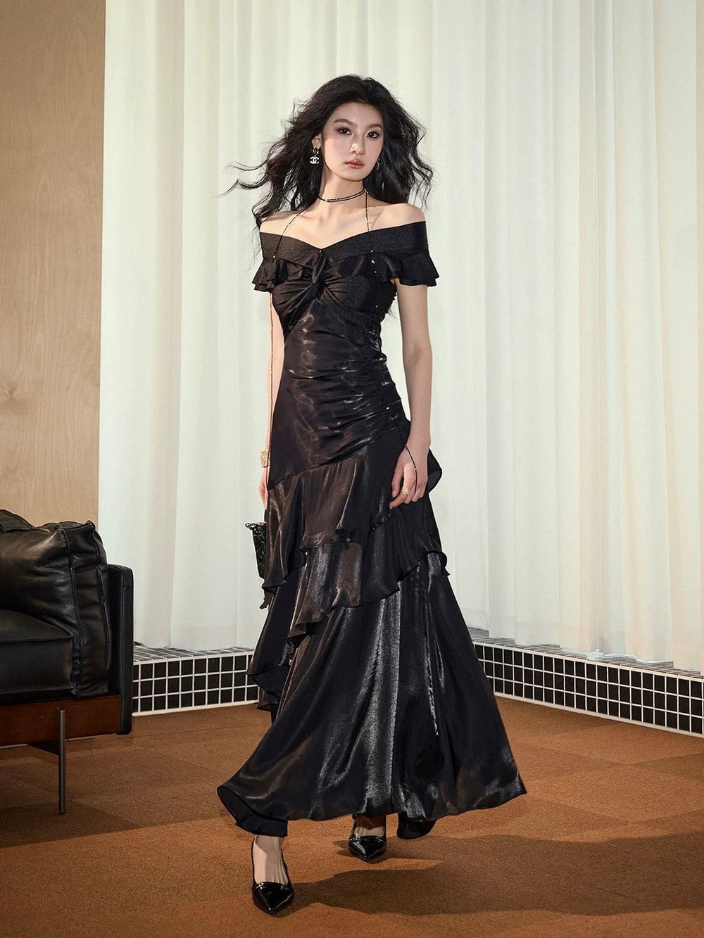 A-Line V Neck off Shoulder Silk Ruffles Black Prom Dress
