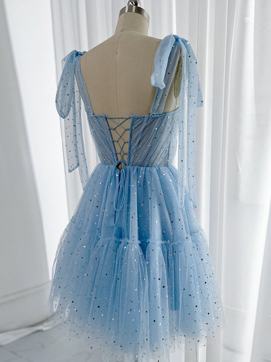 A-Line Sweetheart Neck Tulle Blue Short Prom Dress, Blue Homecoming Dress