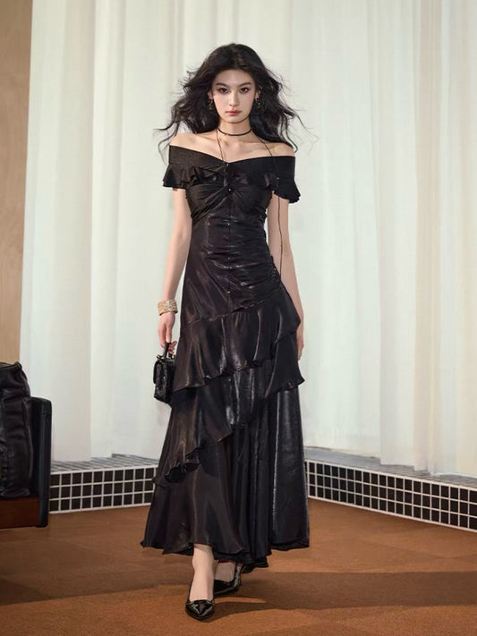 A-Line V Neck off Shoulder Silk Ruffles Black Prom Dress