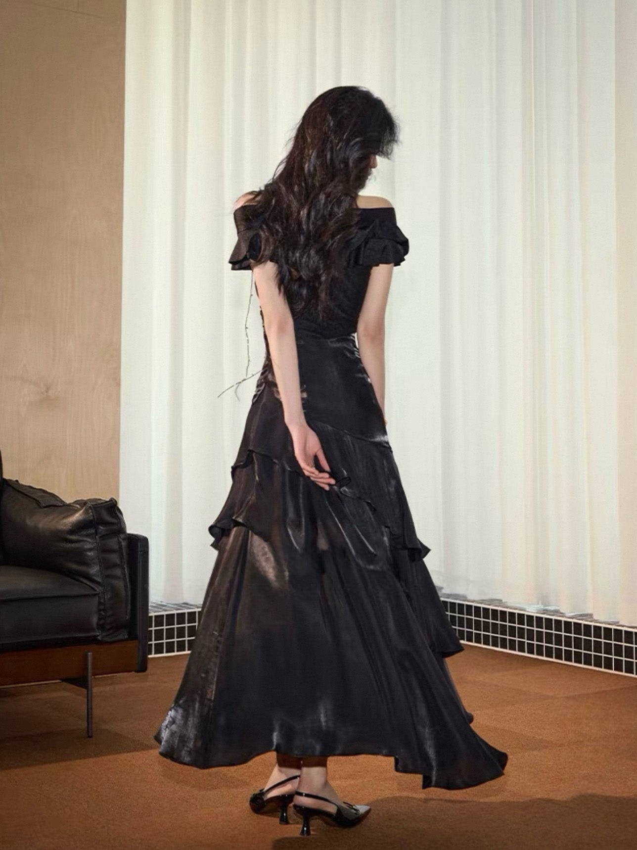 A-Line V Neck off Shoulder Silk Ruffles Black Prom Dress