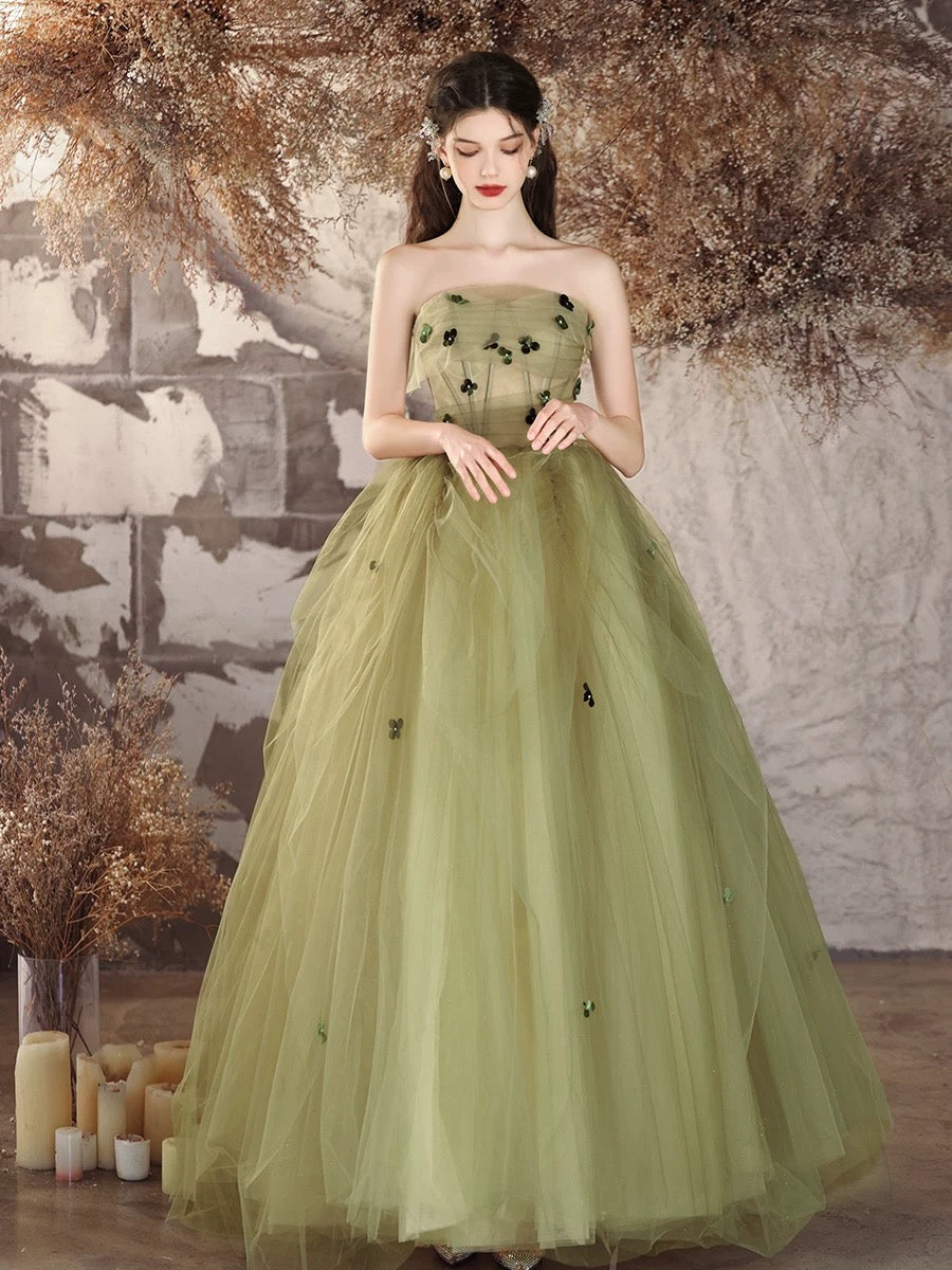 A-Line Tulle Applique Green Long Prom Dress, Green Long Evening Dress