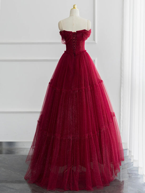 Burgundy sweetheart tulle prom dress, unique design retract your waist evening dress main image 0
