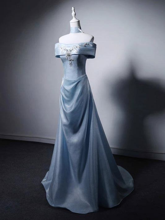 A-Line Off Shoulder Sweep Train Blue Prom Dress with Lace Applique