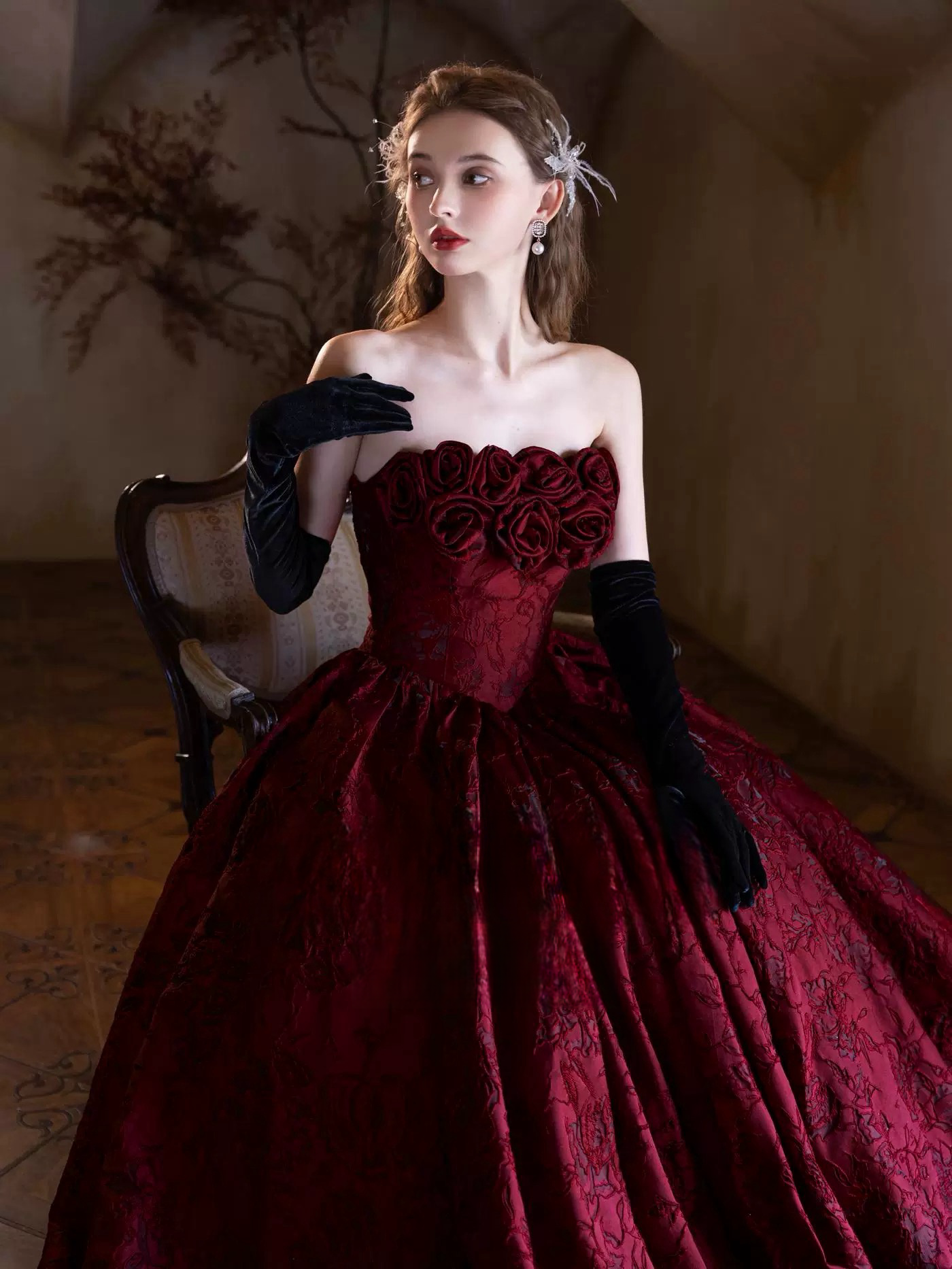 A-Line Off Shoulder Printed Satin Burgundy Long Prom Dress, Burgundy L dresstby A-Line Off Shoulder Printed Satin Burgundy Long Prom Dress, Burgundy L dresstby
