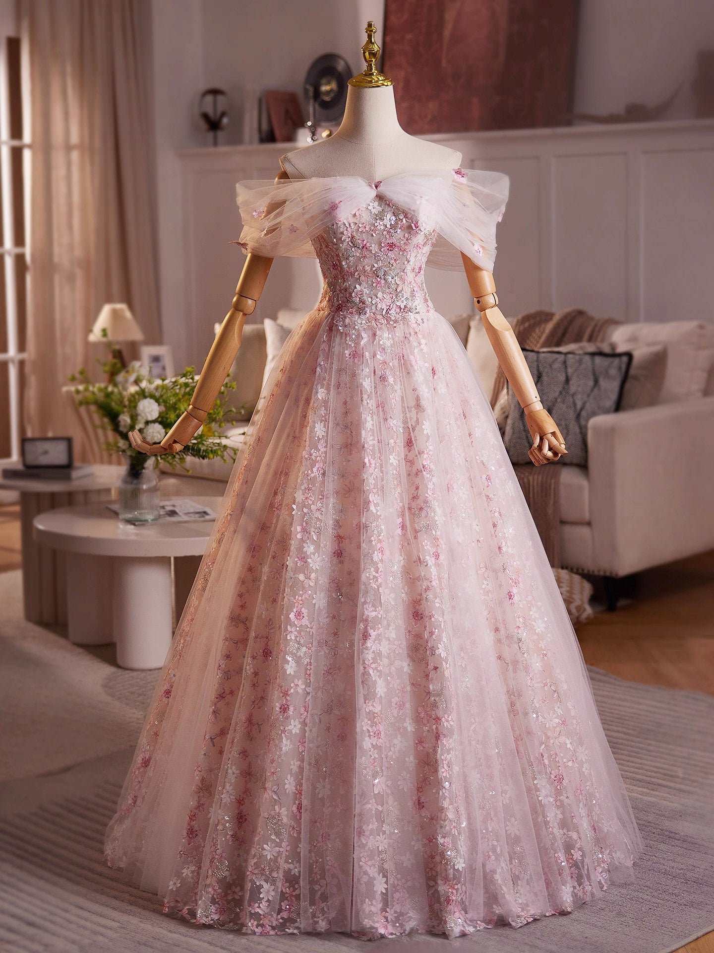 A-Line Off Shoulder Tulle Lace Pink Long Prom Dress, Pink Evening Dress