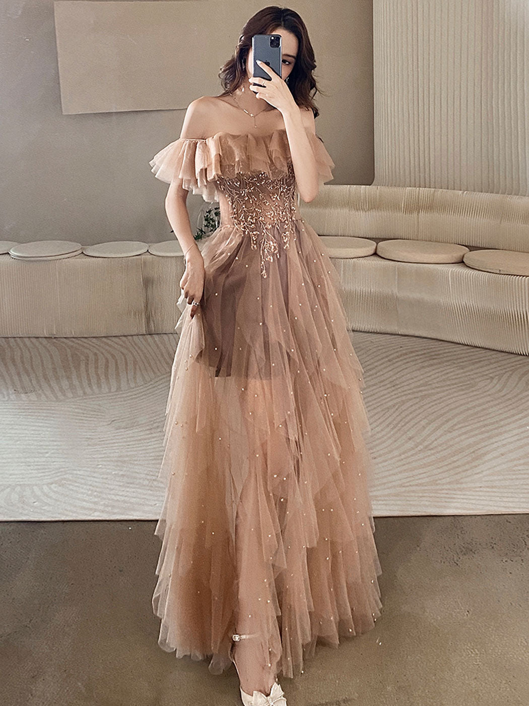 A-Line Off Shoulder Champagne Long Prom Dress, Champagne Formal Dress – dresstby