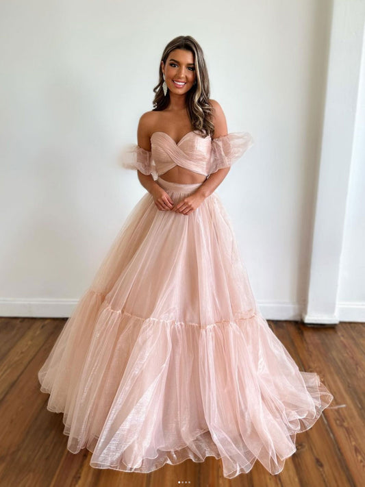 A-Line Two Pieces Tulle Pink Long Prom Dress