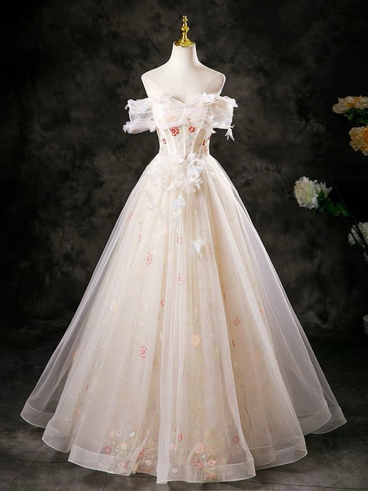 A-Line Tulle Lace Sequin Champagne Long Prom Dress, Champagne Long Formal Dress