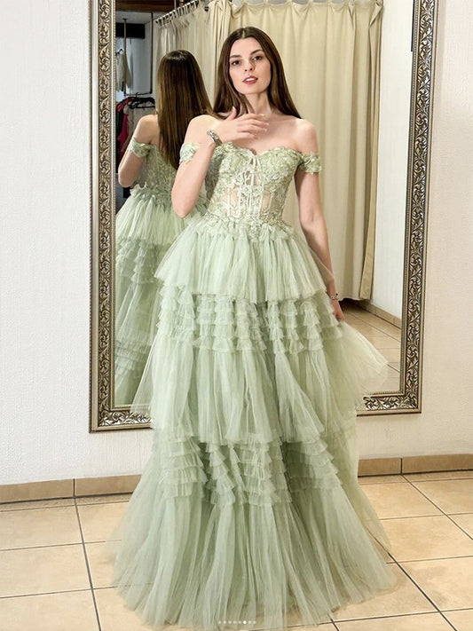 A-Line Off Shoulder Tulle Lace Green Long Prom Dress, Green Long Evening Dress