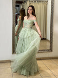 A-Line Off Shoulder Tulle Lace Green Long Prom Dress, Green Long Evening Dress