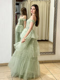 A-Line Off Shoulder Tulle Lace Green Long Prom Dress, Green Long Evening Dress