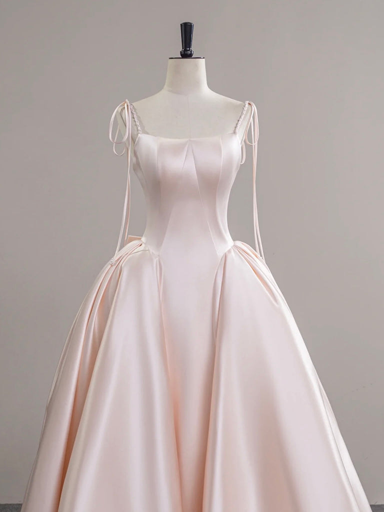 A-Line Satin Champagne Pink Long Prom Dress, Champagne Pink Formal Dress