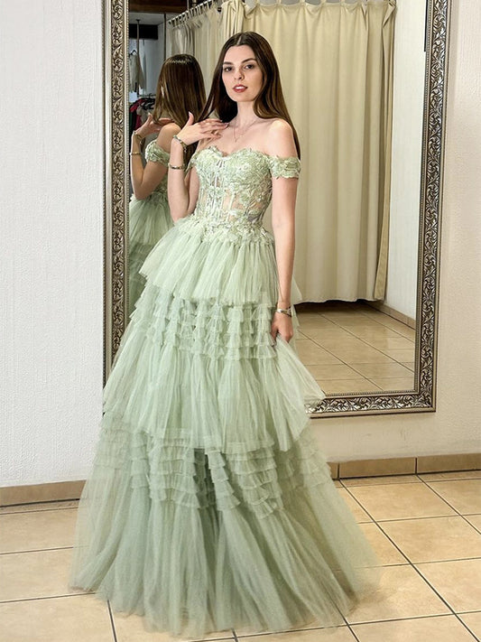 A-Line Off Shoulder Tulle Lace Green Long Prom Dress, Green Long Evening Dress