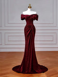 Mermaid Off Shoulder Sweep Train Burgundy Long Prom Dress, Mearmaid party Dress