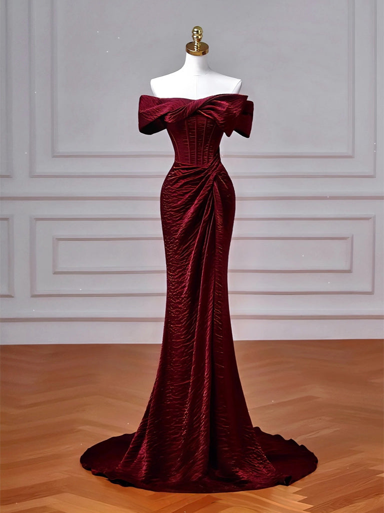 Mermaid Off Shoulder Sweep Train Burgundy Long Prom Dress, Mearmaid party Dress