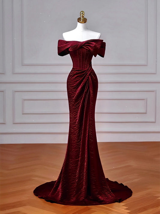 Mermaid Off Shoulder Sweep Train Burgundy Long Prom Dress, Mearmaid party Dress