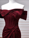 Mermaid Off Shoulder Sweep Train Burgundy Long Prom Dress, Mearmaid party Dress
