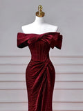 Mermaid Off Shoulder Sweep Train Burgundy Long Prom Dress, Mearmaid party Dress