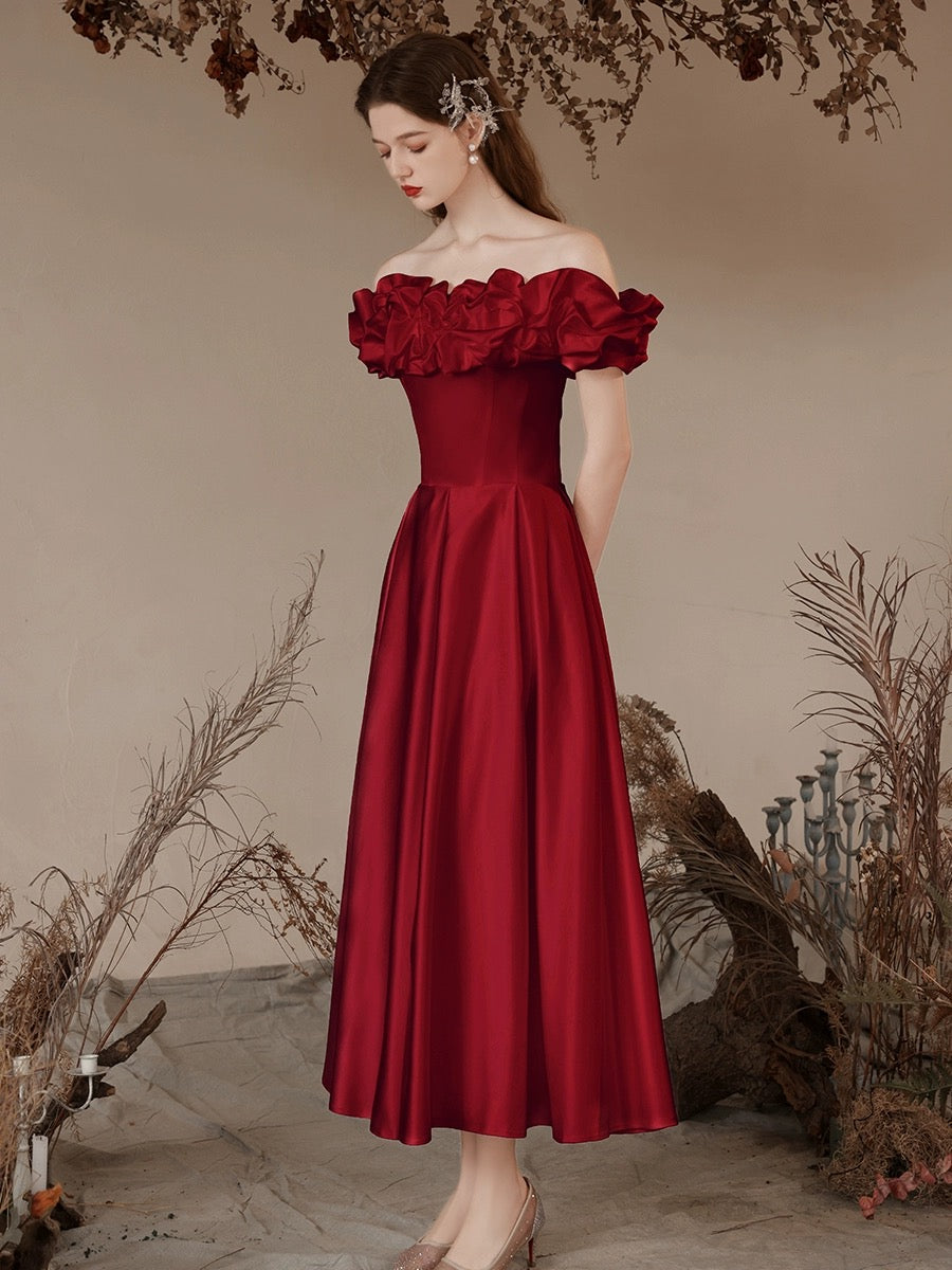 A-Line Off Shoulder Satin Tea Length Burgundy Prom Dress, Burgundy Formal Dress