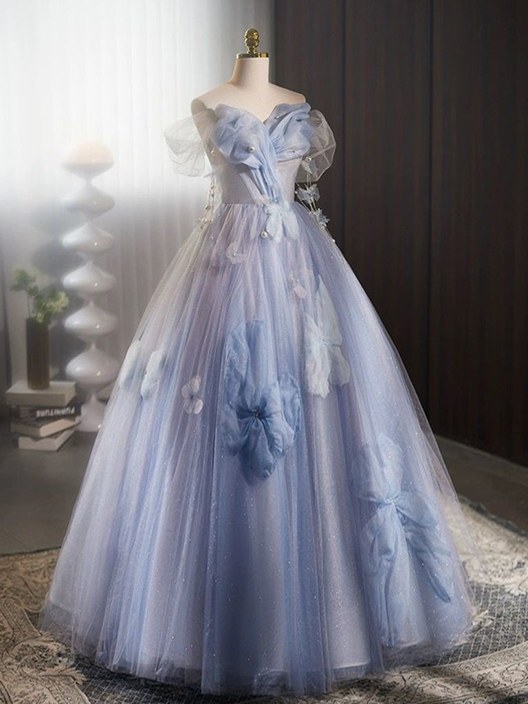 A-Line Off Shoulder Tulle Flower Blue Long Prom Dress, Blue Long Sweet 16 Dress