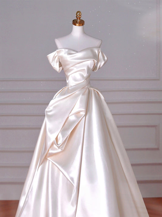 A-Line Off Shoulder Beige Long Prom Dress, Beige Long Evening Dress