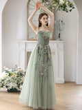 A-Line Tulle Beads Green Long Prom Dress, Green Long Formal Dress