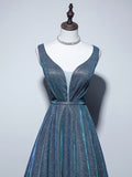 A-Line V Neck Satin Blue Long Prom Dress, Blue Formal Dresses