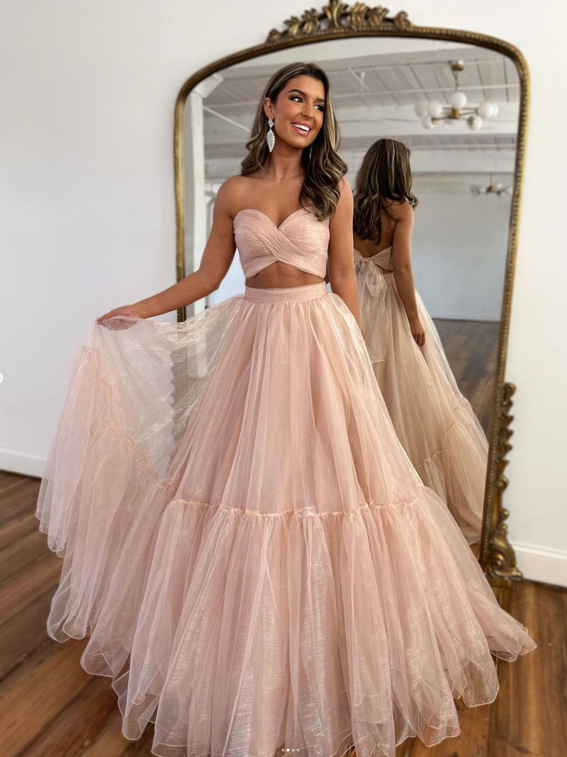 A-Line Two Pieces Tulle Pink Long Prom Dress, Pink Formal Evening Dress